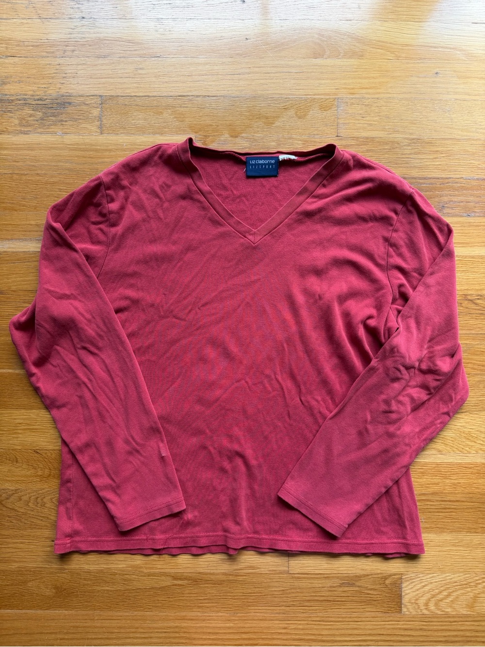 Vintage Liz Claiborne Lizsport Burgundy V-Neck Long Sleeve Top - Size Medium